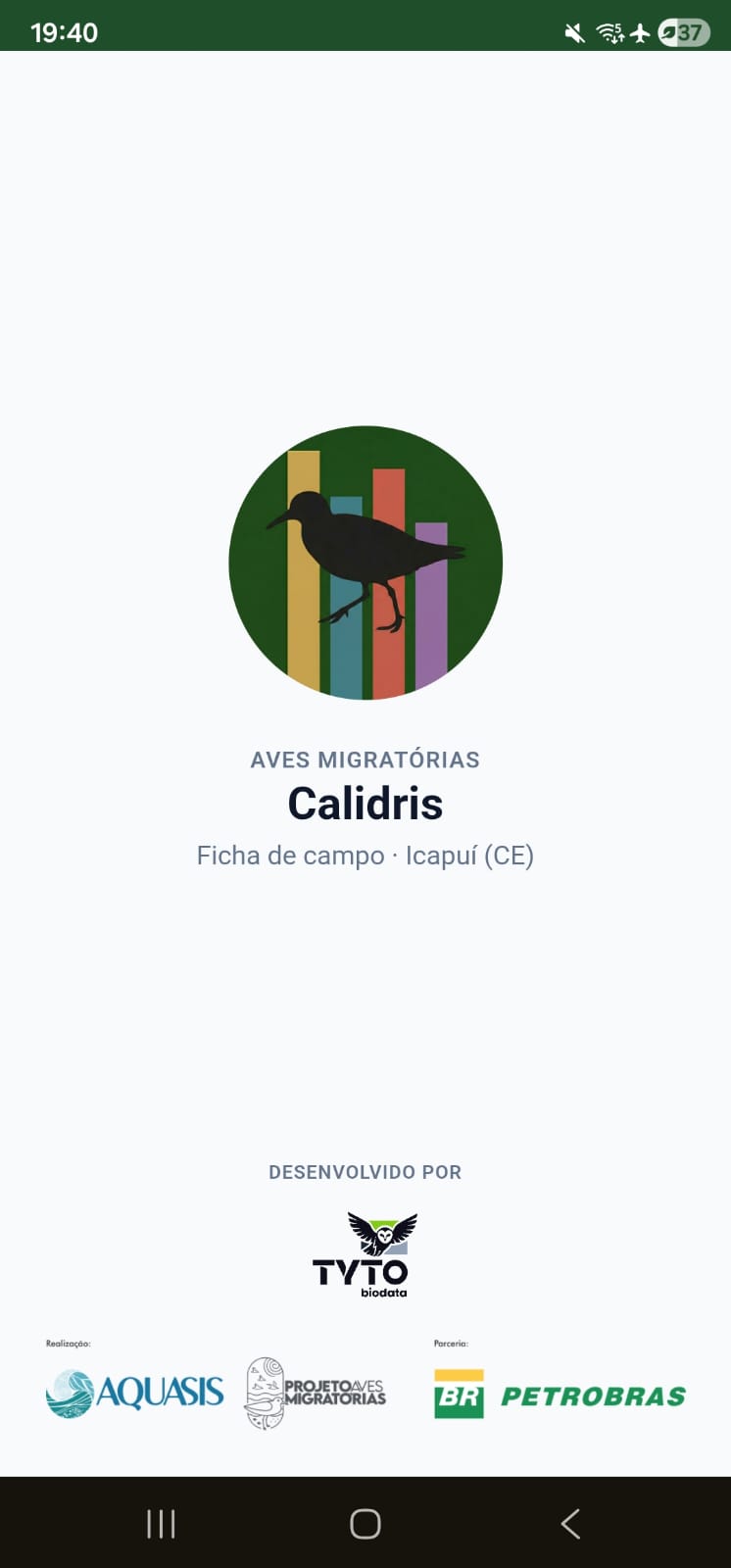 App Calidris: tela de abertura da ficha de campo do Projeto Aves Migratórias em Icapuí (CE).