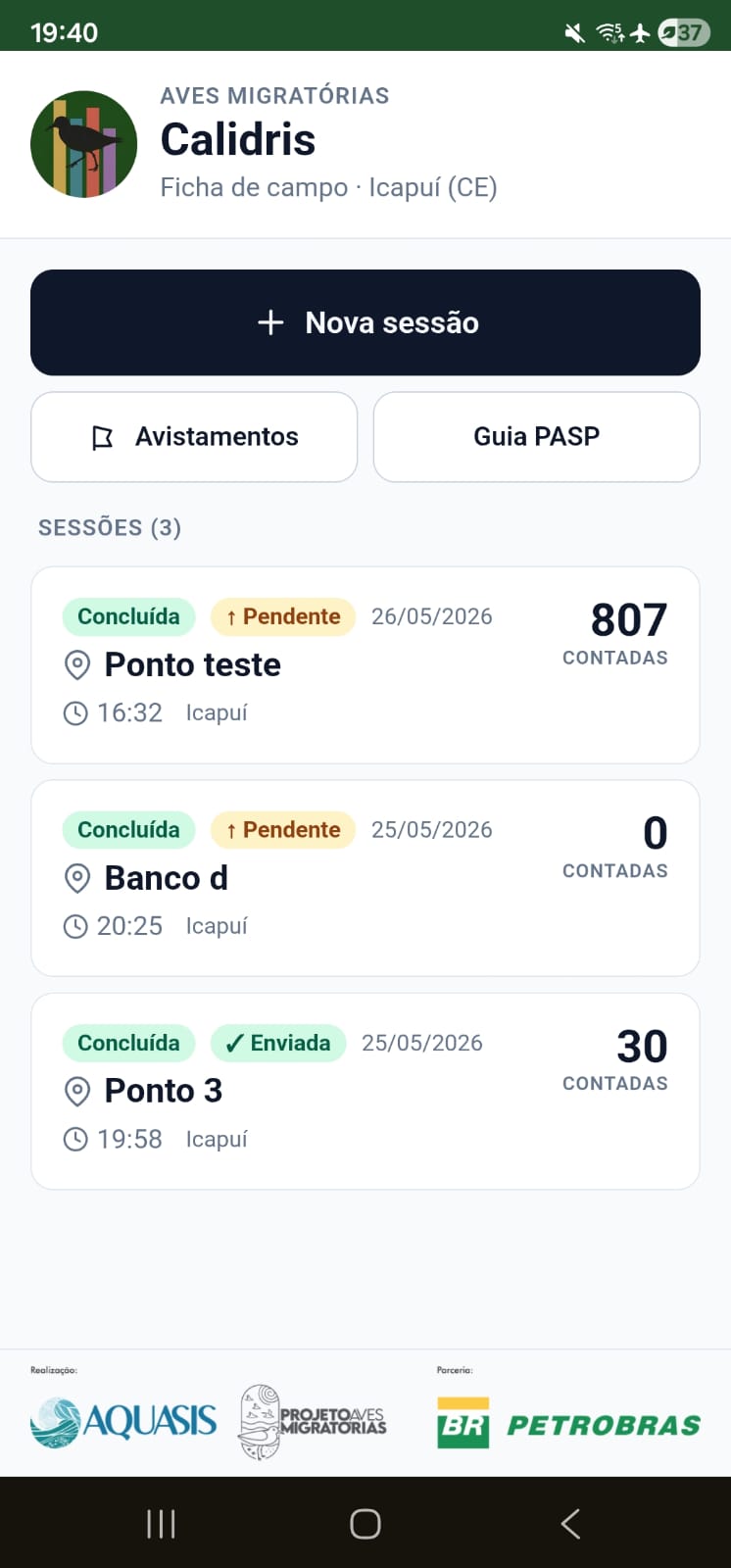 App Calidris: tela inicial com nova sessão, avistamentos e histórico de sessões com contagens.