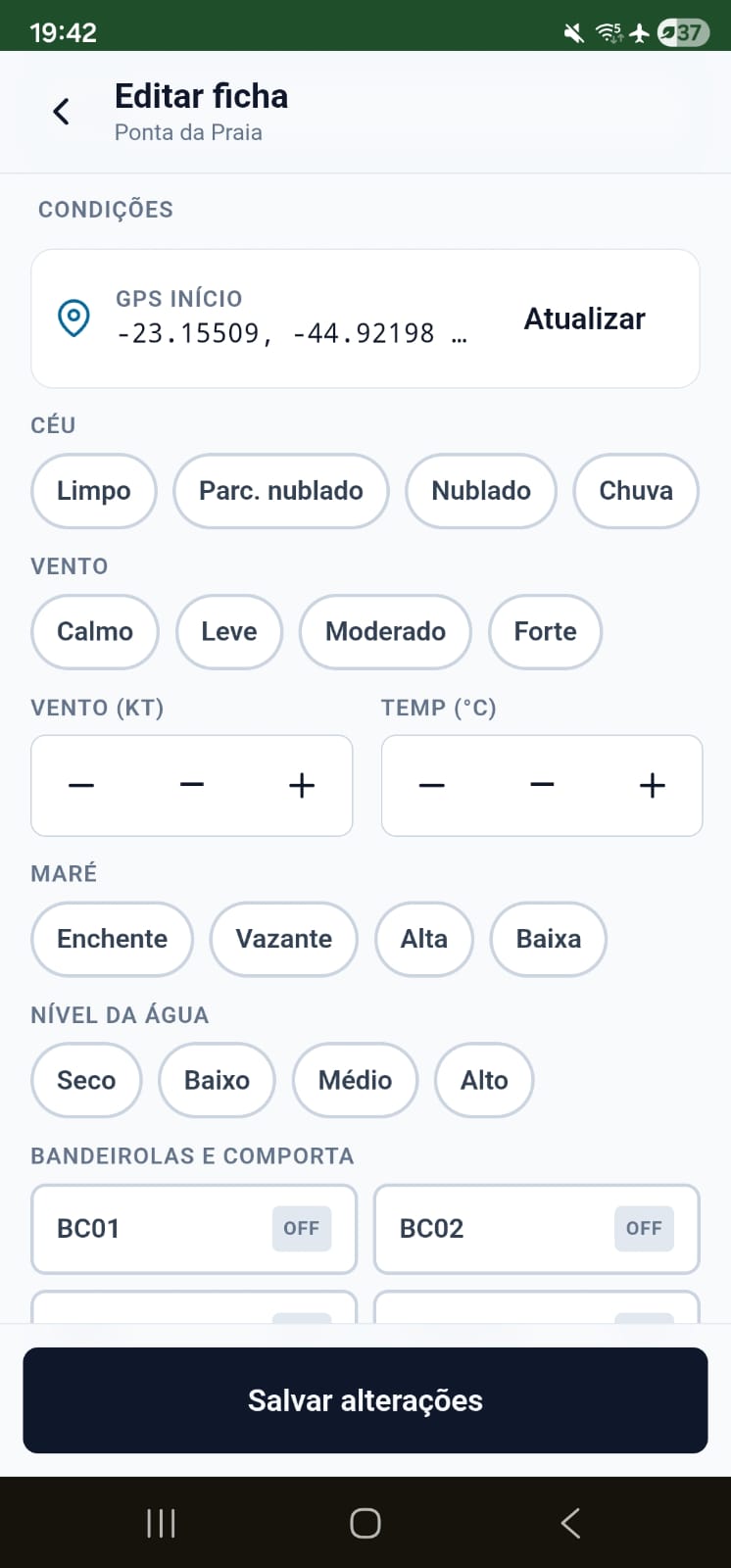 App Calidris: ficha de campo com GPS, condições de céu, vento, maré, nível da água e bandeirolas.