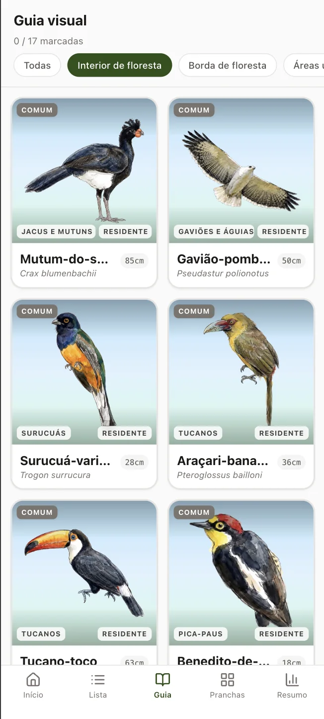 Guia de espécies: lista visual com filtros e fotos das aves.