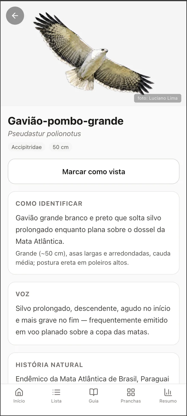Guia de espécies: detalhe da espécie com identificação, voz e história natural.